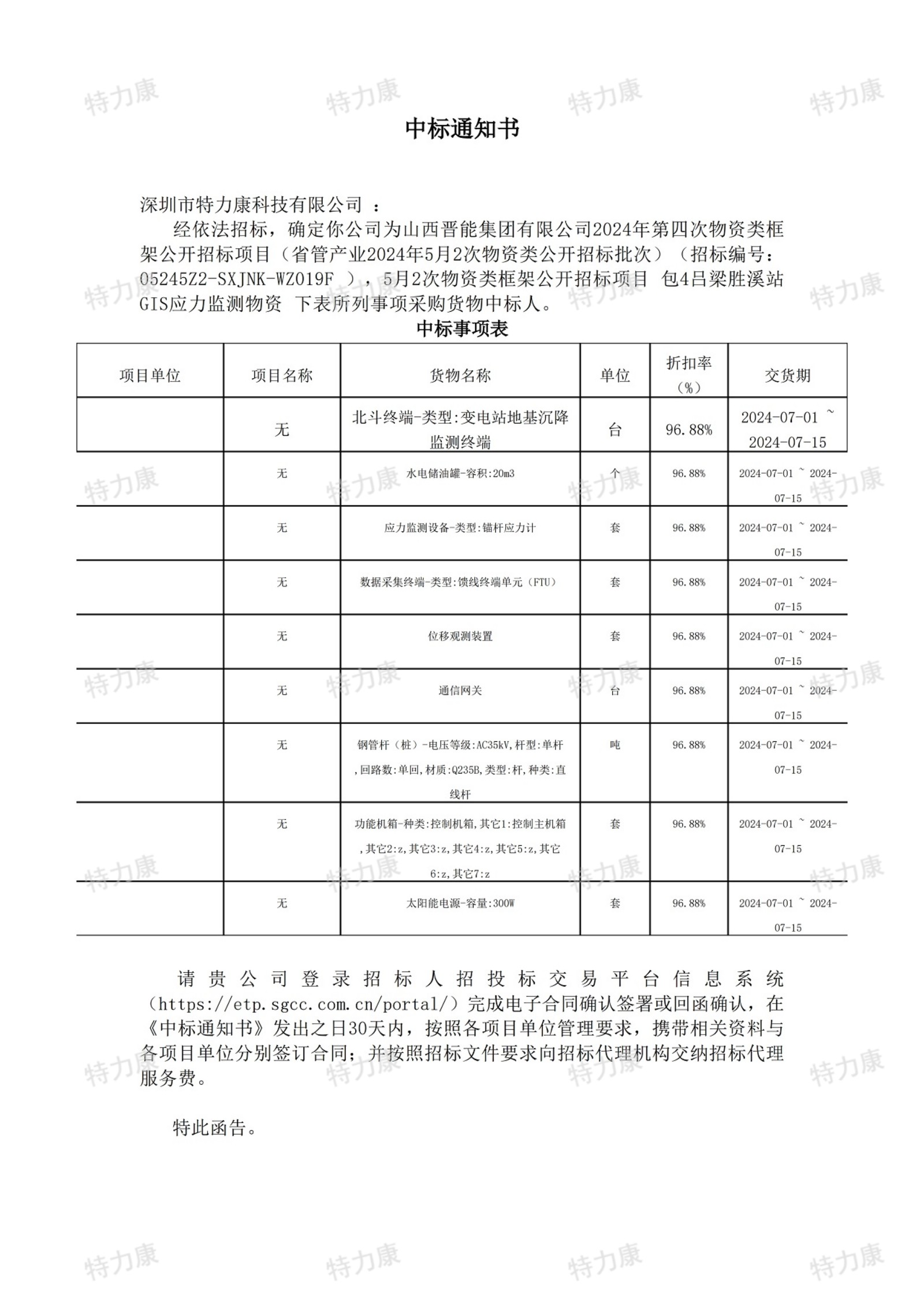 深圳市特力康科技有限公司中標(biāo)山西晉能集團 2024 年第四次物資類框架公開招標(biāo)項目