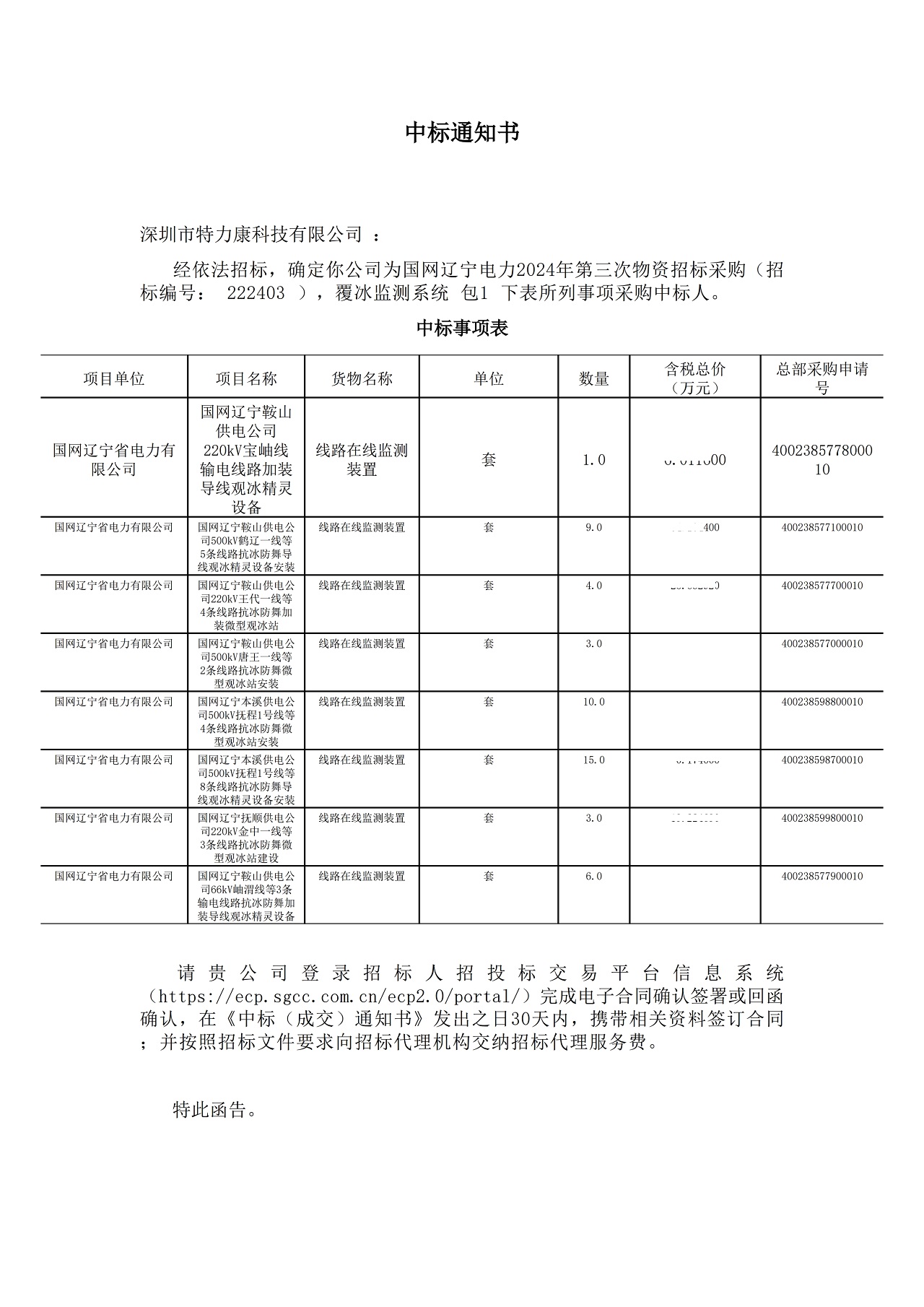 深圳市特力康科技有限公司中標(biāo)國網(wǎng)遼寧電力 2024 年覆冰監(jiān)測系統(tǒng)采購項(xiàng)目