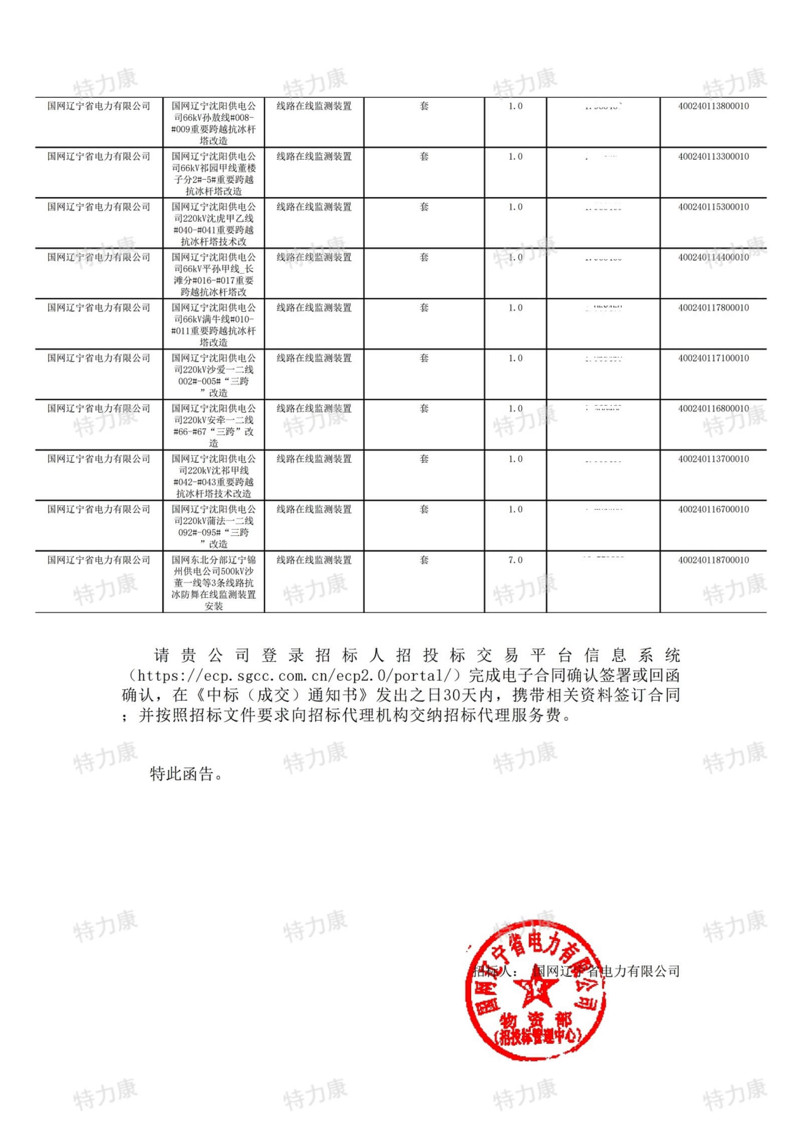 深圳市特力康科技有限公司中標國網(wǎng)遼寧電力線路在線監(jiān)測裝置采購項目