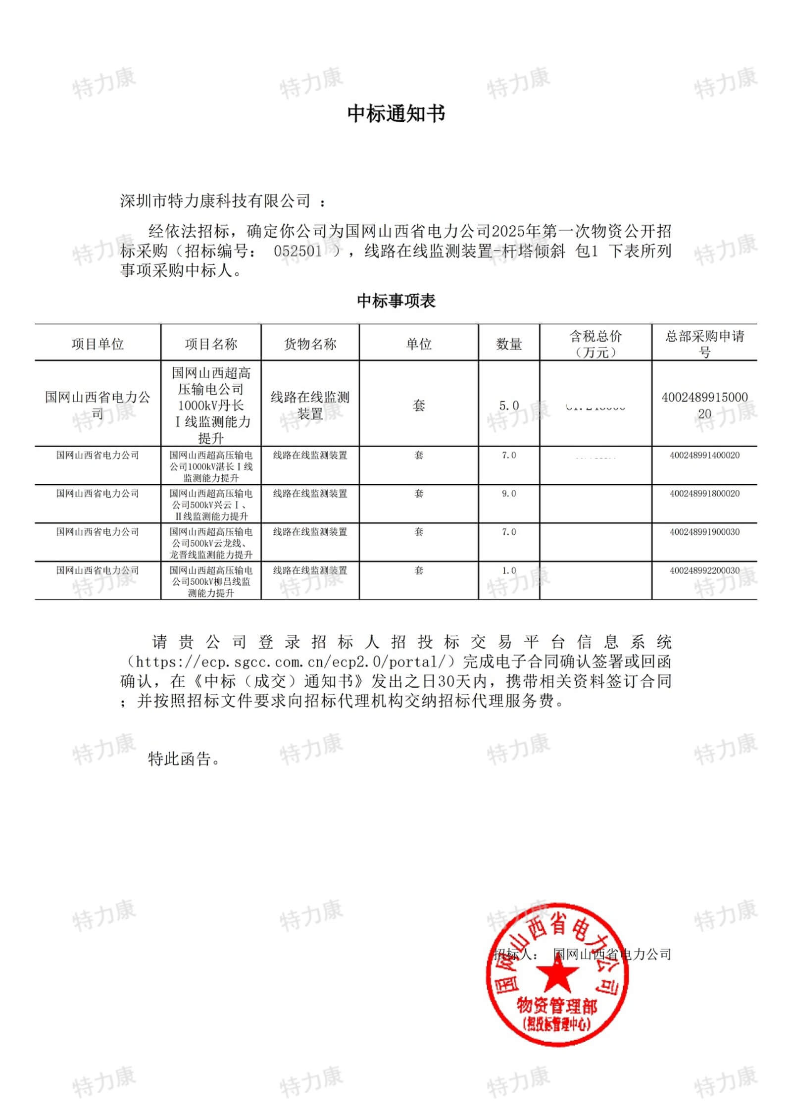 深圳市特力康科技有限公司中標(biāo)國(guó)網(wǎng)山西電力超高壓線路在線監(jiān)測(cè)裝置采購(gòu)項(xiàng)目